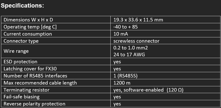 A specifications table listing technical details such as dimensions, operating temperature, current consumption, connector type, wire range, ESD protection, latching cover for FX30, RS485 interfaces, cable length, terminating resistor, fail-safe biasing, and reverse polarity protection.